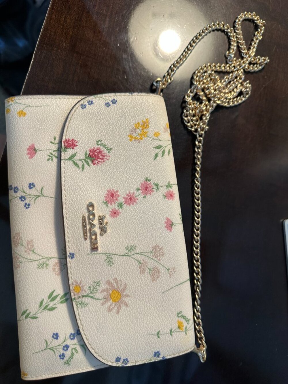 Coach beige/flower Wristlet with gold crossbody chain - Picture 4 of 4